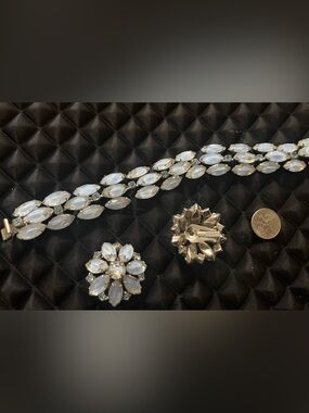 Kramer Silver-Tone White Opal Crystal Bracelet and Clip-On Earrings Set vintage